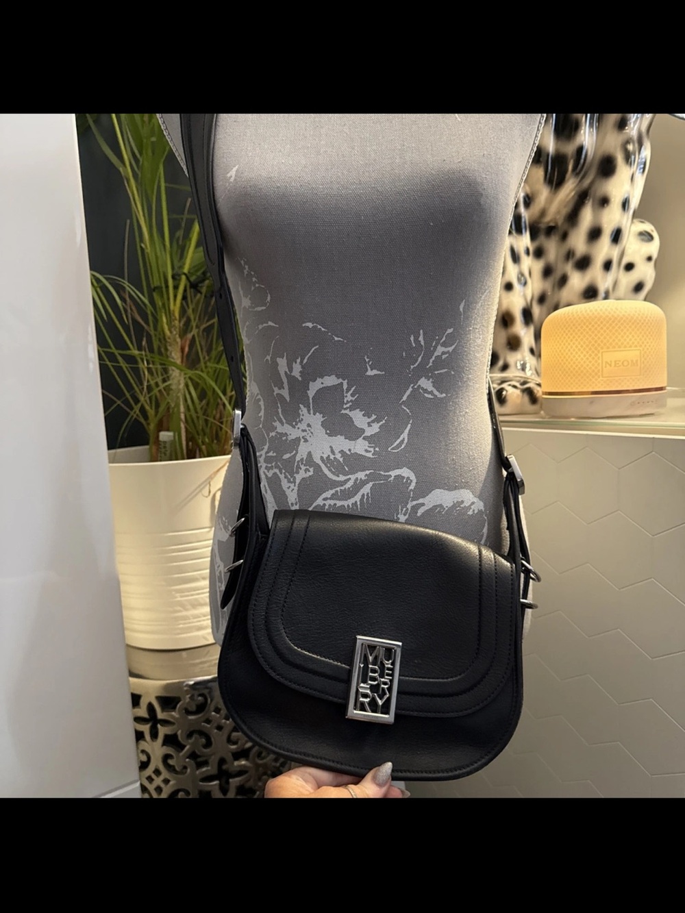 Mulberry Black Leather Crossbody Saddle Bag with Logo Plaque